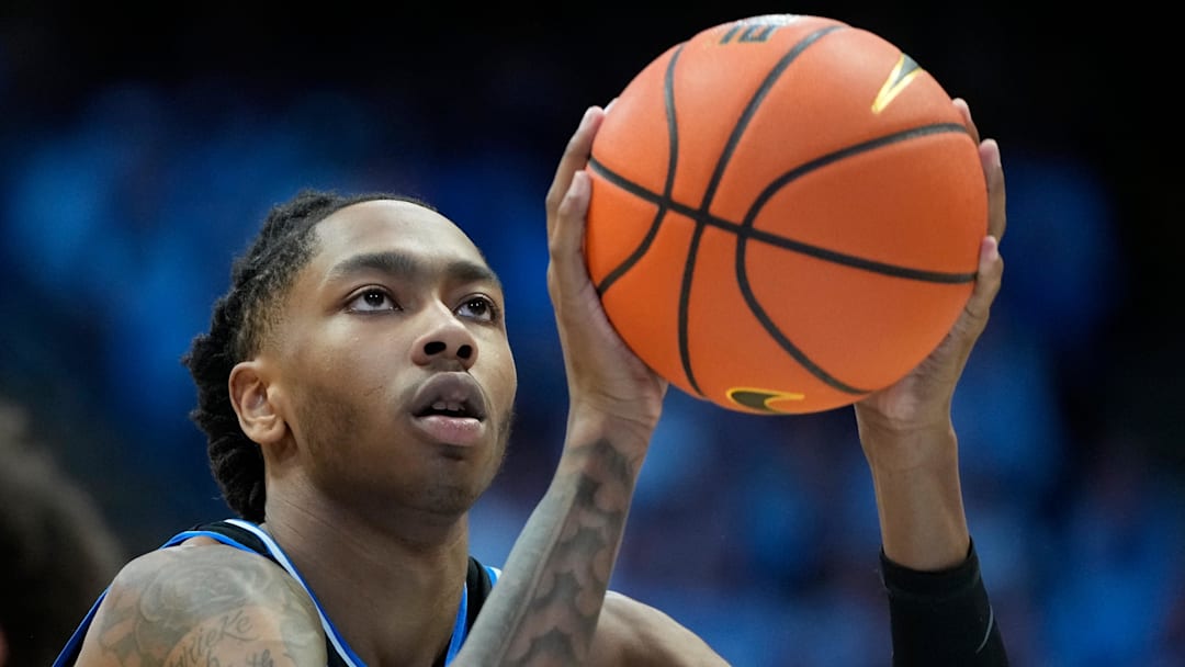 Mar 8, 2025; Chapel Hill, North Carolina, USA;  Duke Blue Devils guard Isaiah Evans (3) at the free throw line in the first half at Dean E. Smith Center. Mandatory Credit: Bob Donnan-Imagn Images