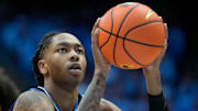 Mar 8, 2025; Chapel Hill, North Carolina, USA;  Duke Blue Devils guard Isaiah Evans (3) at the free throw line in the first half at Dean E. Smith Center. Mandatory Credit: Bob Donnan-Imagn Images