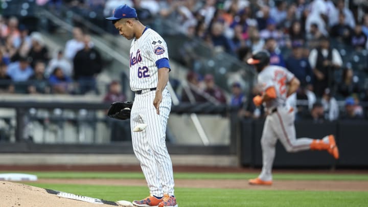 Aug 20, 2024; New York City, New York, USA;  New York Mets starting pitcher Jose Quintana (62) reacts after giving up a two-run home run to Baltimore Orioles right fielder Anthony Santander (25) in the first inning at Citi Field. Mandatory Credit: Wendell Cruz-USA TODAY Sports