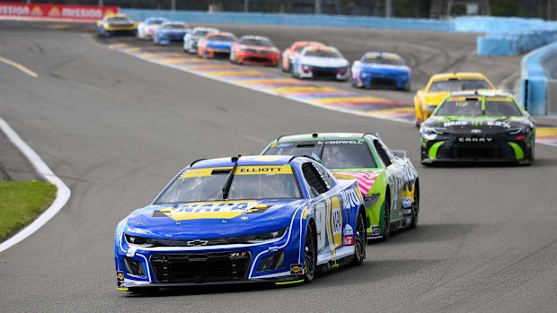 Chase Elliott (9) leads a group of cars during the Go Bowling at The Glen at Watkins Glen International.