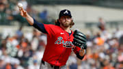 Sep 20, 2025; Detroit, Michigan, USA;  Atlanta Braves pitcher Pierce Johnson (38) makes a throw to first in the seventh inning against the Detroit Tigers at Comerica Park. Mandatory Credit: Rick Osentoski-Imagn Imagesf