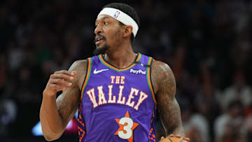 Dec 21, 2024; Phoenix, Arizona, USA; Phoenix Suns guard Bradley Beal (3) dribbles against the Detroit Pistons during the first half at Footprint Center. Mandatory Credit: Joe Camporeale-Imagn Images