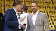 Apr 18, 2025; Memphis, Tennessee, USA; Dallas Mavericks general manager Nico Harrison watches warm ups prior to a game against the Memphis Grizzlies at FedExForum. Mandatory Credit: Petre Thomas-Imagn Images