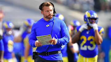 Oct 8, 2023; Inglewood, California, USA; Los Angeles Rams head coach Sean McVay watches game action against the Philadelphia Eagles during the second half at SoFi Stadium. Mandatory Credit: Gary A. Vasquez-Imagn Images
