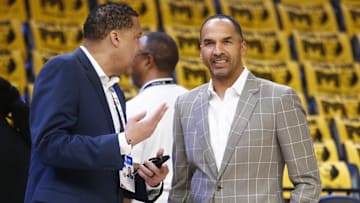 Apr 18, 2025; Memphis, Tennessee, USA; Dallas Mavericks general manager Nico Harrison watches warm ups prior to a game against the Memphis Grizzlies at FedExForum. Mandatory Credit: Petre Thomas-Imagn Images