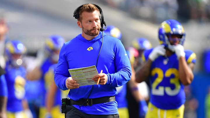 Oct 8, 2023; Inglewood, California, USA; Los Angeles Rams head coach Sean McVay watches game action against the Philadelphia Eagles during the second half at SoFi Stadium. Mandatory Credit: Gary A. Vasquez-Imagn Images