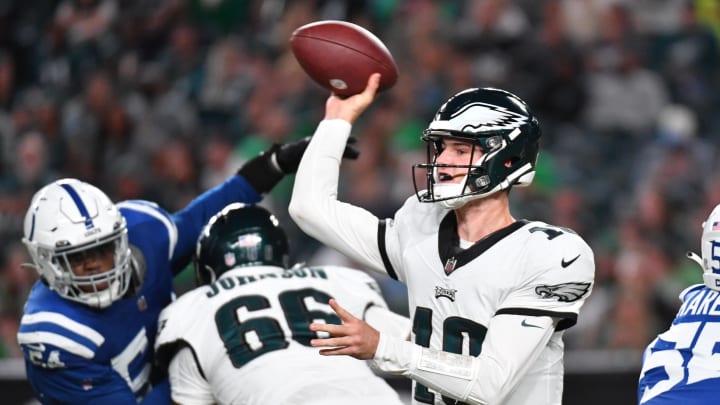 Aug 24, 2023; Philadelphia, Pennsylvania, USA; Philadelphia Eagles quarterback Tanner McKee (10) throws a pass against the Indianapolis Colts at Lincoln Financial Field. Mandatory Credit: Eric Hartline-USA TODAY Sports