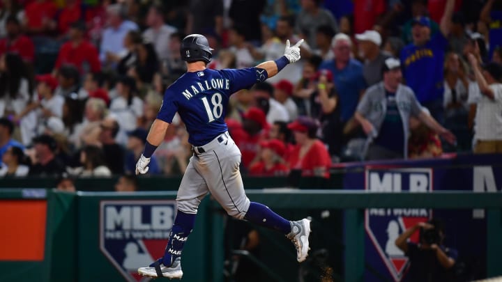 Seattle Mariners left fielder Cade Marlowe (18) rounds the bases after hitting a grand slam home run against the Los Angeles Angels during the ninth inning at Angel Stadium on Aug 3.