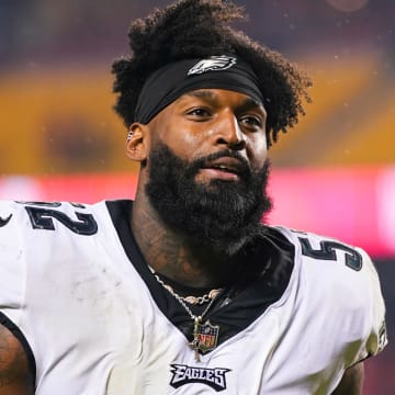 Nov 20, 2023; Kansas City, Missouri, USA; Philadelphia Eagles linebacker Zach Cunningham (52) leaves the field after defeating the Kansas City Chiefs at GEHA Field at Arrowhead Stadium. Mandatory Credit: Jay Biggerstaff-USA TODAY Sports