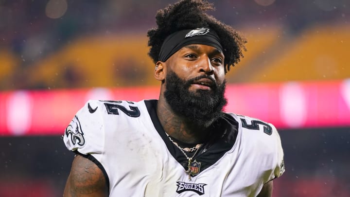 Nov 20, 2023; Kansas City, Missouri, USA; Philadelphia Eagles linebacker Zach Cunningham (52) leaves the field after defeating the Kansas City Chiefs at GEHA Field at Arrowhead Stadium. Mandatory Credit: Jay Biggerstaff-USA TODAY Sports