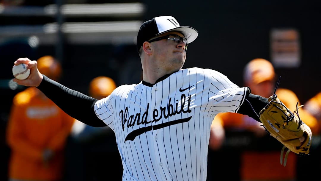 Vanderbilt pitcher Wyatt Nadeau (88) throws to a Tennessee batter during the first inning of a NCAA baseball game at Hawkins Field on Saturday, March 28, 2026, in Nashville, Tenn.