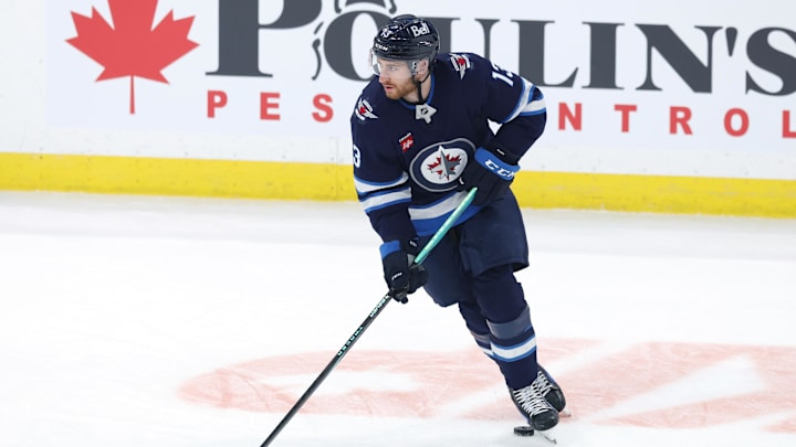 May 9, 2025; Winnipeg, Manitoba, CAN; Winnipeg Jets center Gabriel Vilardi (13) warms up before a game against the Dallas Stars in game two of the second round of the 2025 Stanley Cup Playoffs at Canada Life Centre. Mandatory Credit: James Carey Lauder-Imagn Images