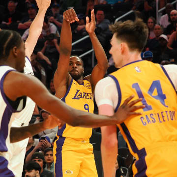 Jul 6, 2024; San Francisco, CA, USA; Los Angeles Lakers guard Bronny James Jr. (9) shoots the ball against the Sacramento Kings during the fourth quarter at Chase Center. Mandatory Credit: Kelley L Cox-USA TODAY Sports