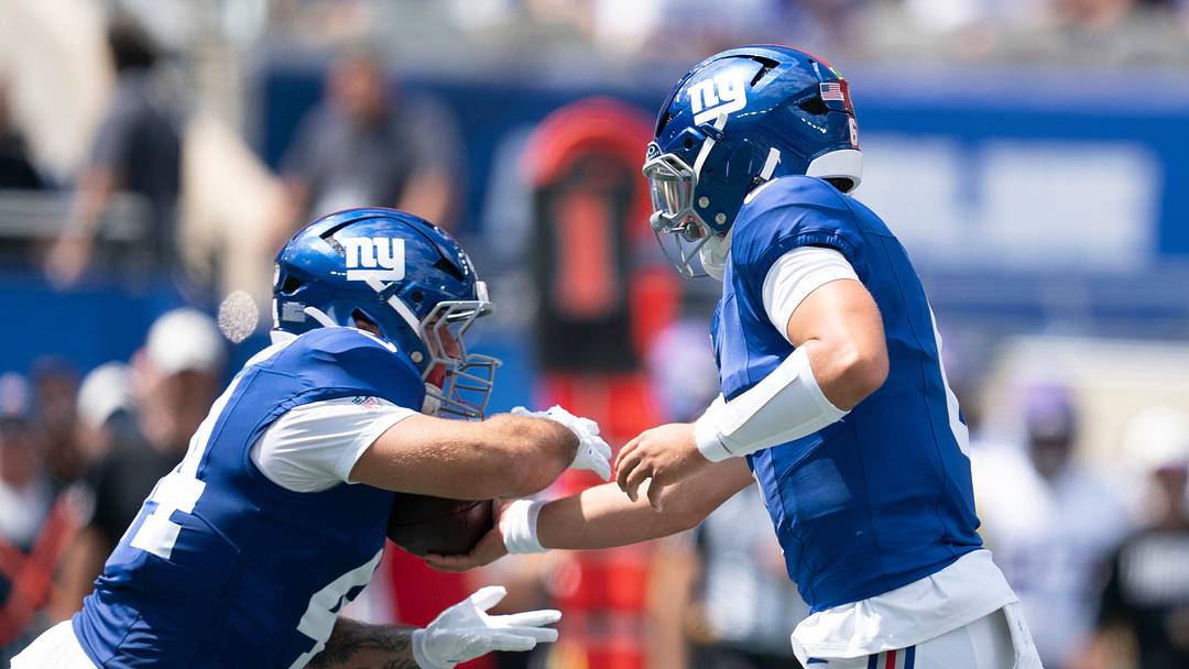 New York Giants quarterback Jaxson Dart and running back Cam Skattebo
