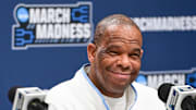 Mar 20, 2025; Milwaukee, WI, USA;  North Carolina Tar Heels head coach Hubert Davis speaks at press conference during NCAA Tournament First Round Practice at Fiserv Forum. Mandatory Credit: Benny Sieu-Imagn Images
