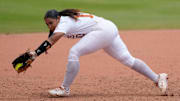 Texas utility Mia Scott (10) catches the ball for an out in the seventh inning of a Women's College World Series softball game between the Tennessee Volunteers and the Texas Longhorns at Devon Park in Oklahoma City, Monday, June 2, 2025. Texas won 2-0.