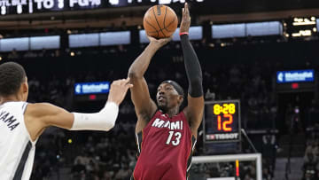 Nov 12, 2023; San Antonio, Texas, USA; Miami Heat center Bam Adebayo (13) shoots during the second