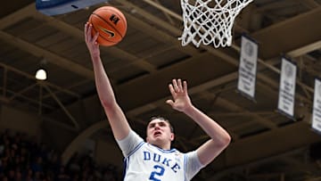Jan 27, 2025; Durham, North Carolina, USA; Duke Blue Devils forward Cooper Flagg (2) shoots during the second half against the North Carolina State Wolfpack at Cameron Indoor Stadium.  The Blue Devils won 74-64. Mandatory Credit: Rob Kinnan-Imagn Images
