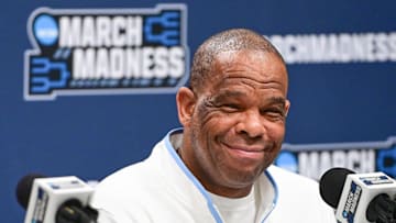 Mar 20, 2025; Milwaukee, WI, USA;  North Carolina Tar Heels head coach Hubert Davis speaks at press conference during NCAA Tournament First Round Practice at Fiserv Forum. Mandatory Credit: Benny Sieu-Imagn Images