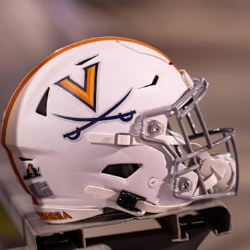 Sep 4, 2021; Charlottesville, Virginia, USA; A Virginia Cavaliers helmet is seen on the sidelines during the game between William & Mary Tribe and the Virginia Cavaliers at Scott Stadium. Mandatory Credit: Scott Taetsch-Imagn Images