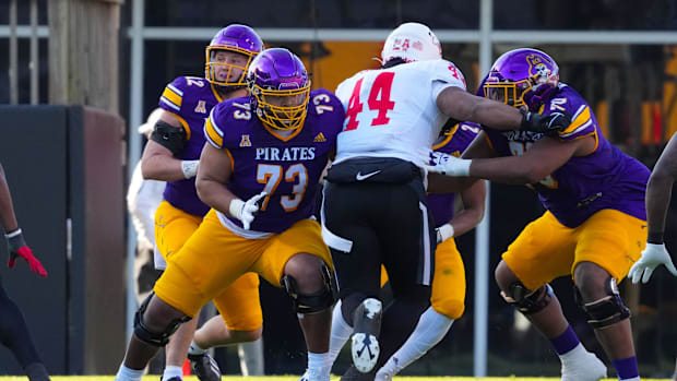 Nov 19, 2022; Greenville, North Carolina, USA;  East Carolina Pirates offensive lineman Nishad Strother (73) blocks against t