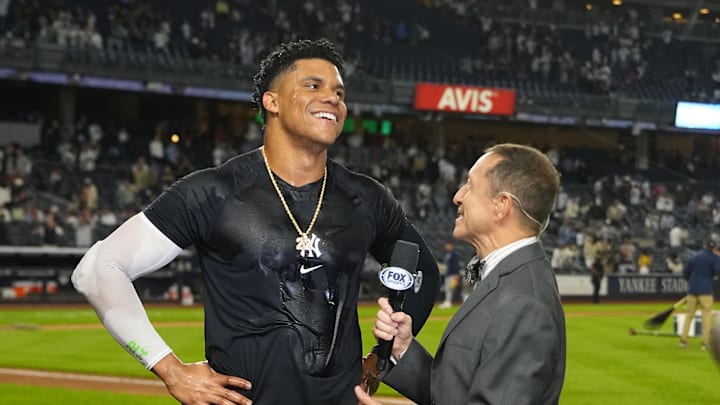 Fox broadcaster interviews New York Yankees right fielder Juan Soto (22) after getting the game winning hit against the Boston Red Sox at Yankee Stadium on Sept 12.