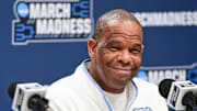 Mar 20, 2025; Milwaukee, WI, USA;  North Carolina Tar Heels head coach Hubert Davis speaks at press conference during NCAA Tournament First Round Practice at Fiserv Forum. Mandatory Credit: Benny Sieu-Imagn Images