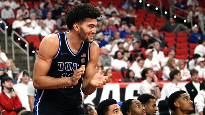 Mar 2, 2026; Raleigh, North Carolina, USA;  Duke Blue Devils forward Cameron Boozer (12) reacts during the second half against the NC State Wolfpack at Lenovo Center. 