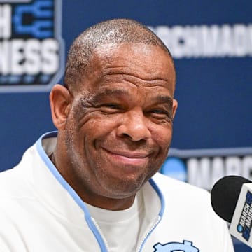 Mar 20, 2025; Milwaukee, WI, USA;  North Carolina Tar Heels head coach Hubert Davis speaks at press conference during NCAA Tournament First Round Practice at Fiserv Forum. 
