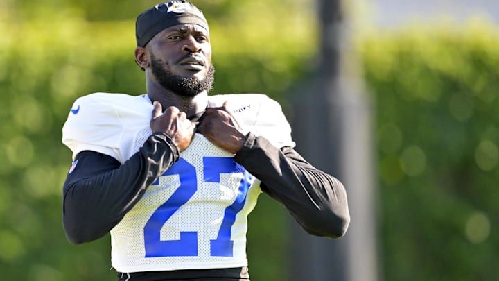 Jul 29, 2024; Los Angeles, CA, USA; Los Angeles Rams cornerback Tre'Davious White (27) looks on during training camp at Loyola Marymount University. Mandatory Credit: Jayne Kamin-Oncea-Imagn Images