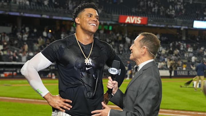 Sep 12, 2024; Bronx, New York, USA; Fox broadcaster interviews New York Yankees right fielder Juan Soto (22) after getting the game winning hit against the Boston Red Sox at Yankee Stadium. Mandatory Credit: Gregory Fisher-Imagn Images