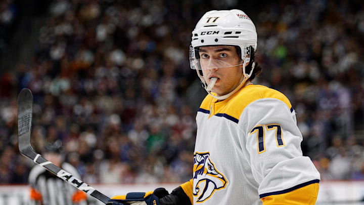 Dec 14, 2024; Denver, Colorado, USA; Nashville Predators right wing Luke Evangelista (77) in the first period against the Colorado Avalanche at Ball Arena. Mandatory Credit: Isaiah J. Downing-Imagn Images