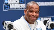 Mar 20, 2025; Milwaukee, WI, USA;  North Carolina Tar Heels head coach Hubert Davis speaks at press conference during NCAA Tournament First Round Practice at Fiserv Forum. Mandatory Credit: Benny Sieu-Imagn Images