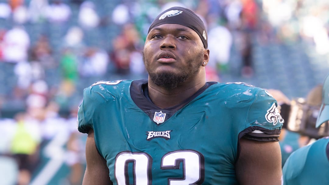 Sep 19, 2021; Philadelphia, Pennsylvania, USA; Philadelphia Eagles defensive tackle Milton Williams (93) after a game against the San Francisco 49ers at Lincoln Financial Field. Mandatory Credit: Bill Streicher-Imagn Images