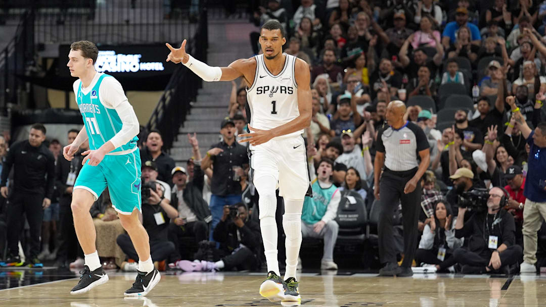 Mar 14, 2026; San Antonio, Texas, USA;  San Antonio Spurs forward Victor Wembanyama (1) celebrates a shot in the first half against the Charlotte Hornets at Frost Bank Center. Mandatory Credit: Daniel Dunn-Imagn Images