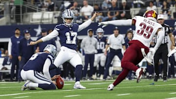Jan 5, 2025; Arlington, Texas, USA;  Dallas Cowboys place kicker Brandon Aubrey (17) kicks a field goal during the game against the Washington Commanders at AT&T Stadium.
