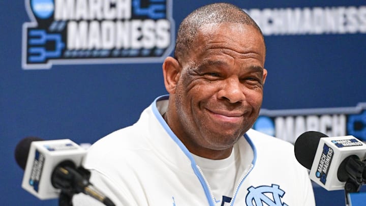 Mar 20, 2025; Milwaukee, WI, USA;  North Carolina Tar Heels head coach Hubert Davis speaks at press conference during NCAA Tournament First Round Practice at Fiserv Forum. Mandatory Credit: Benny Sieu-Imagn Images