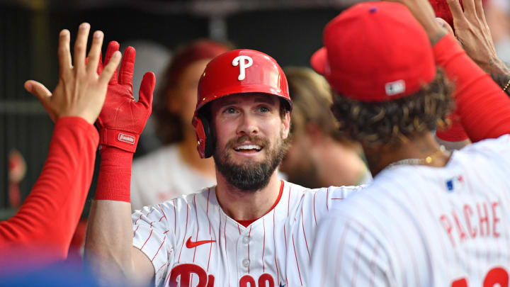 Jun 3, 2024; Philadelphia, Pennsylvania, USA; Philadelphia Phillies outfielder David Dahl (35) celebrates his home run against the Milwaukee Brewers during the fourth inning at Citizens Bank Park