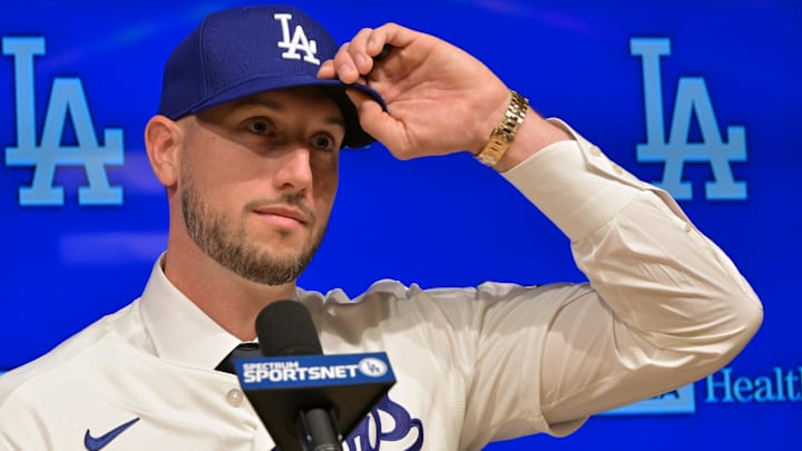 Jan 21, 2026; Los Angeles, CA, USA;  Los Angeles Dodgers right fielder Kyle Tucker (23) is introduced to the media during a press conference at Dodger Stadium. Mandatory Credit: Jayne Kamin-Oncea-Imagn Images