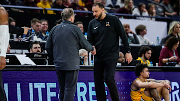 Michigan State head coach Tom Izzo shakes hands with Minnesota head coach Ben Johnson after 77-67 win dat the Second Round of Big Ten tournament at Target Center in Minneapolis, Minn. on Thursday, March 14, 2024.