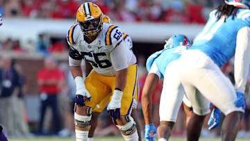 Sep 30, 2023; Oxford, Mississippi, USA; LSU Tigers offensive linemen Will Campbell (66) waits for the snap during the first half against the Mississippi Rebels at Vaught-Hemingway Stadium. Mandatory Credit: Petre Thomas-Imagn Images