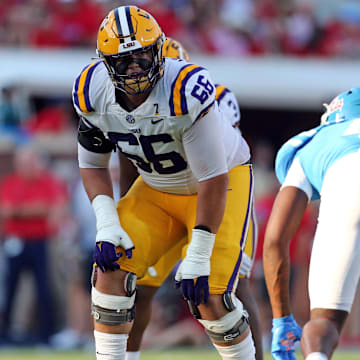 Sep 30, 2023; Oxford, Mississippi, USA; LSU Tigers offensive linemen Will Campbell (66) waits for the snap during the first half against the Mississippi Rebels at Vaught-Hemingway Stadium. Mandatory Credit: Petre Thomas-Imagn Images