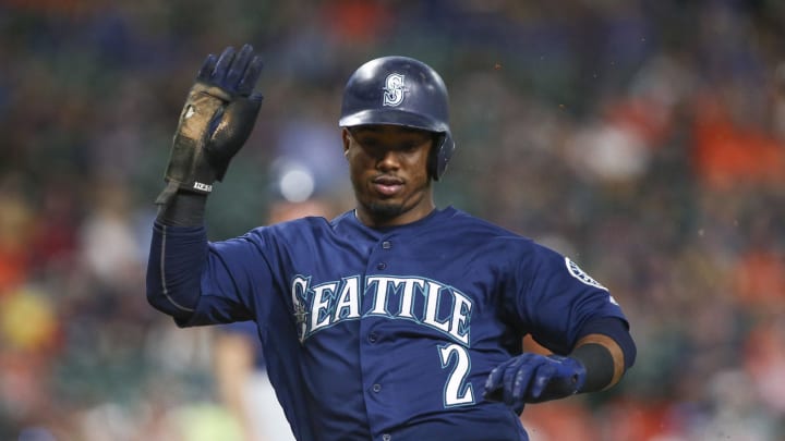 Seattle Mariners shortstop Jean Segura (2) slides to score a run during the first inning against the Houston Astros at Minute Maid Park in 2018.