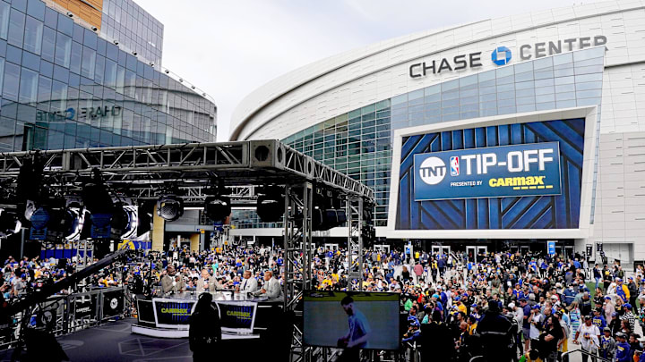 A general view of the TNT NBA Tip-Off pregame show before game five of the 2022 western conference finals outside of Chase Center. A general view of the TNT NBA Tip-Off pregame show before game five of the 2022 western conference finals outside of Chase Center.