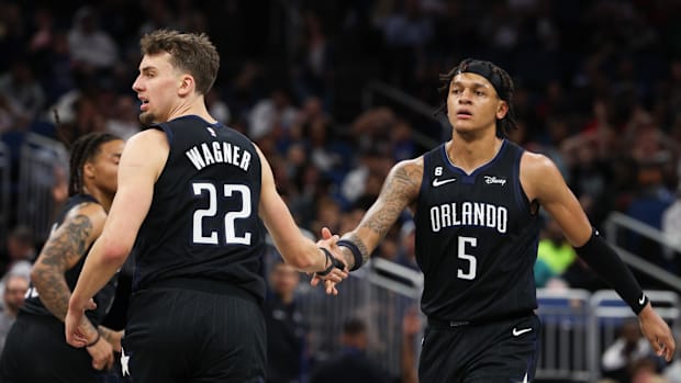 Franz Wagner and Paolo Banchero of the NBA's Orlando Magic celebrate.