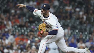 Apr 3, 2024; Houston, Texas, USA; Houston Astros relief pitcher Dylan Coleman (54) delivers a pitch during the ninth inning against the Toronto Blue Jays at Minute Maid Park. Troy Taormina-Imagn Images