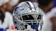 Sep 24, 2023; Glendale, Arizona, USA;  Detail view of a Dallas Cowboys helmet in the second half against the Arizona Cardinals at State Farm Stadium. Mandatory Credit: Matt Kartozian-Imagn Images