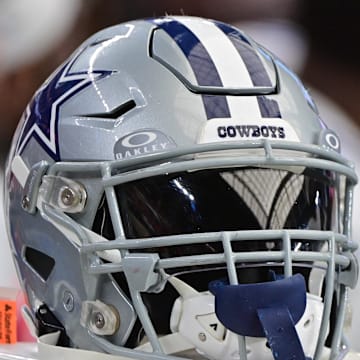 Sep 24, 2023; Glendale, Arizona, USA;  Detail view of a Dallas Cowboys helmet in the second half against the Arizona Cardinals at State Farm Stadium. Mandatory Credit: Matt Kartozian-Imagn Images