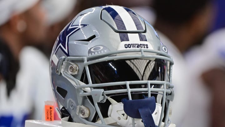 Sep 24, 2023; Glendale, Arizona, USA;  Detail view of a Dallas Cowboys helmet in the second half against the Arizona Cardinals at State Farm Stadium. Mandatory Credit: Matt Kartozian-USA TODAY Sports