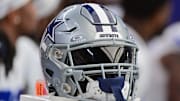 Sep 24, 2023; Glendale, Arizona, USA;  Detail view of a Dallas Cowboys helmet in the second half against the Arizona Cardinals at State Farm Stadium. Mandatory Credit: Matt Kartozian-Imagn Images